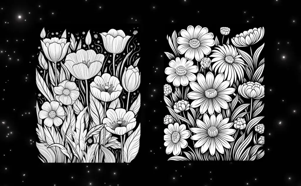 Black BAckground Flowers Coloring page