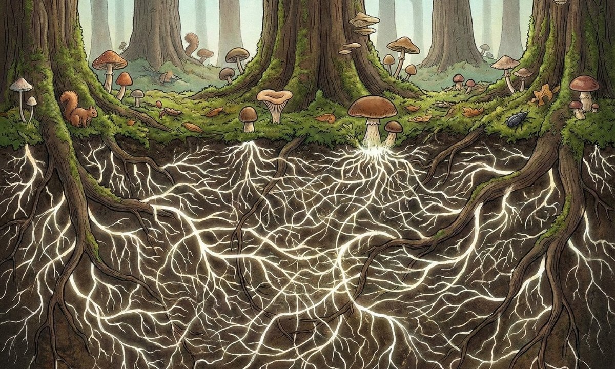 An enchanting forest scene illustrating the "Wood Wide Web," showing lush mushrooms above ground and a glowing mycelium network connecting tree roots underground.