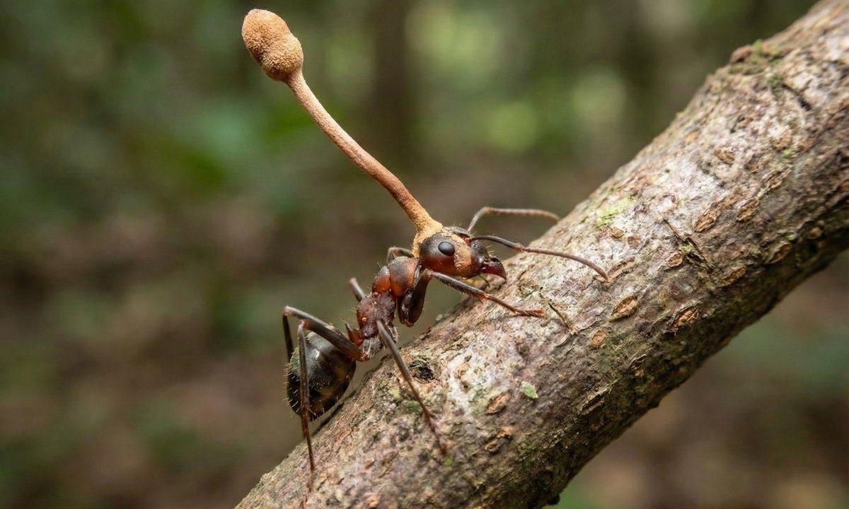 A close-up macro photograph of an ant infected by the parasitic Cordyceps fungus, with a fungal stalk sprouting from the insect's head.