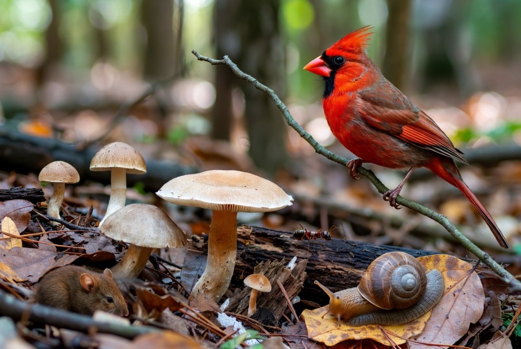 insects and animals interacting with mushrooms in a forest