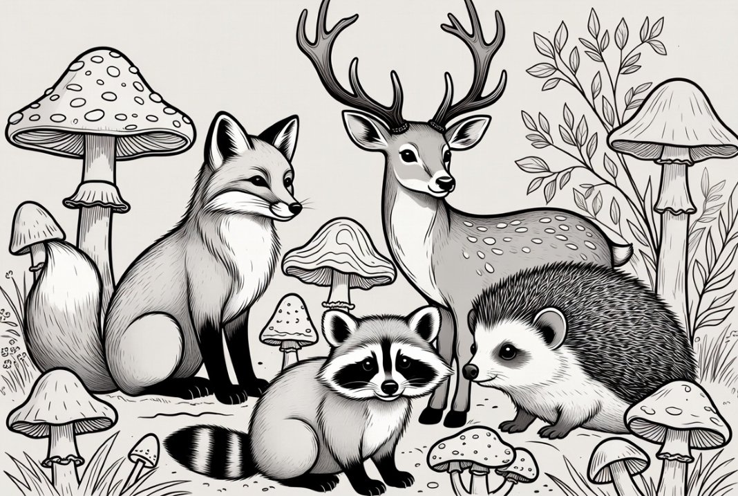 woodland animals surrounded by mushrooms illustration