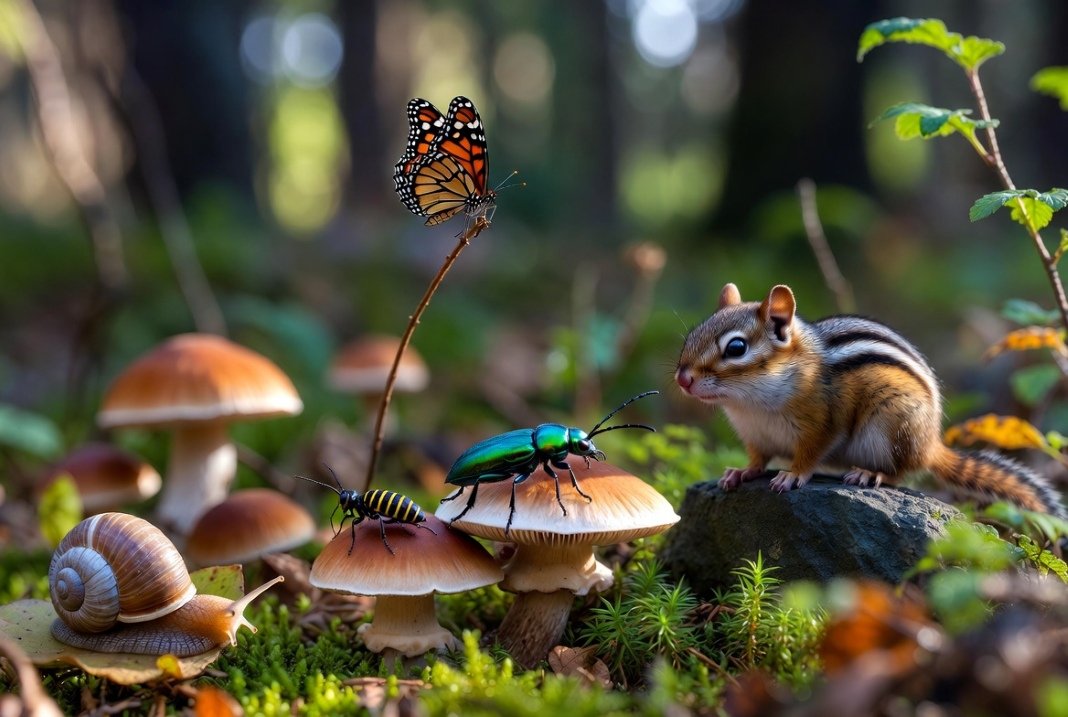 woodland insects and animals near mushrooms