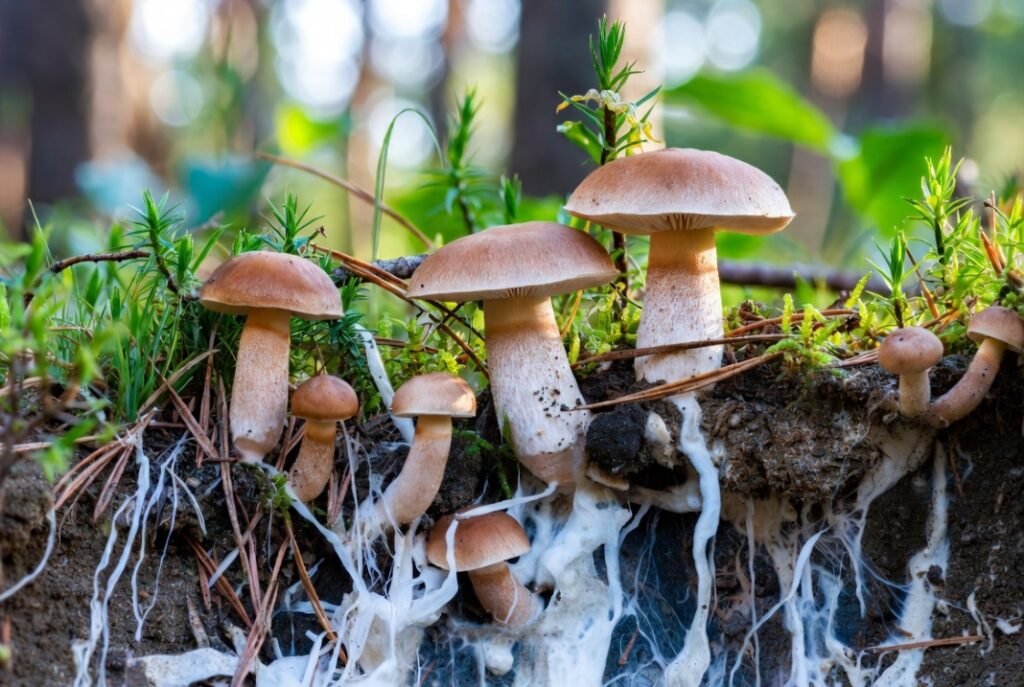 illustration of mushroom mycelium beneath the forest floor