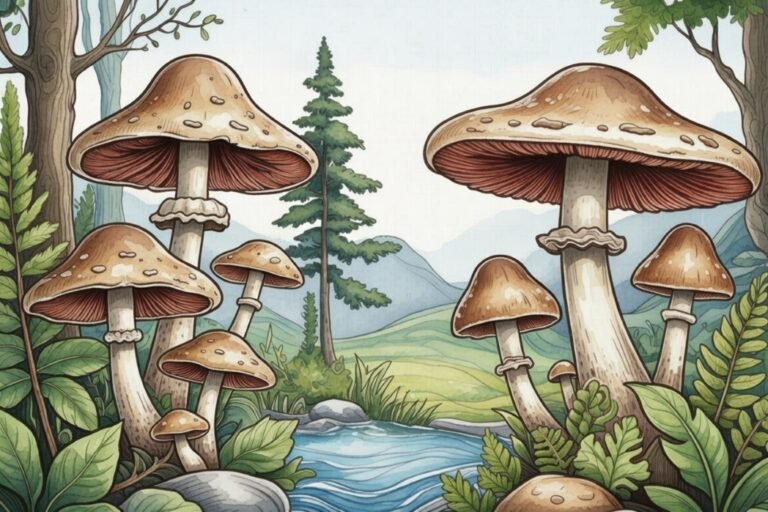 illustrated forest mushrooms in a peaceful woodland scene