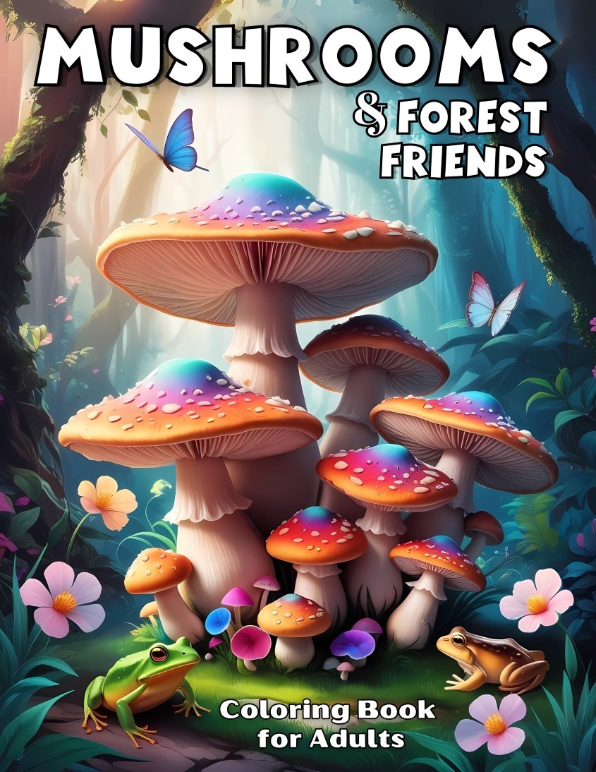 Beautiful coloring book for adults with mushrooms and forest animals