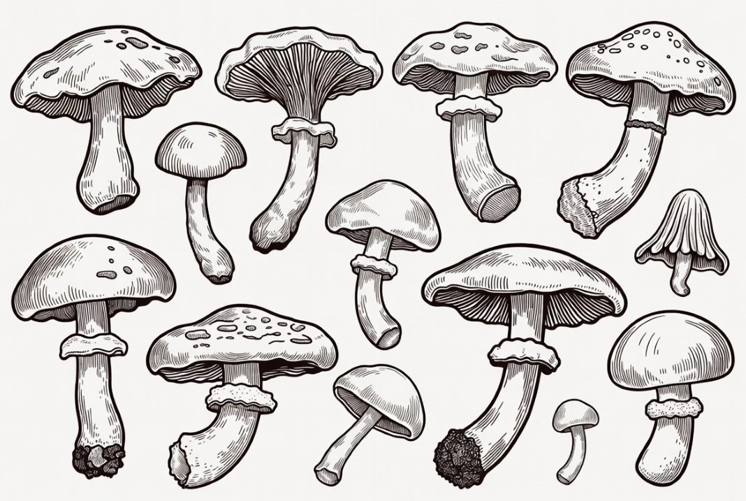 detailed mushroom anatomy line art