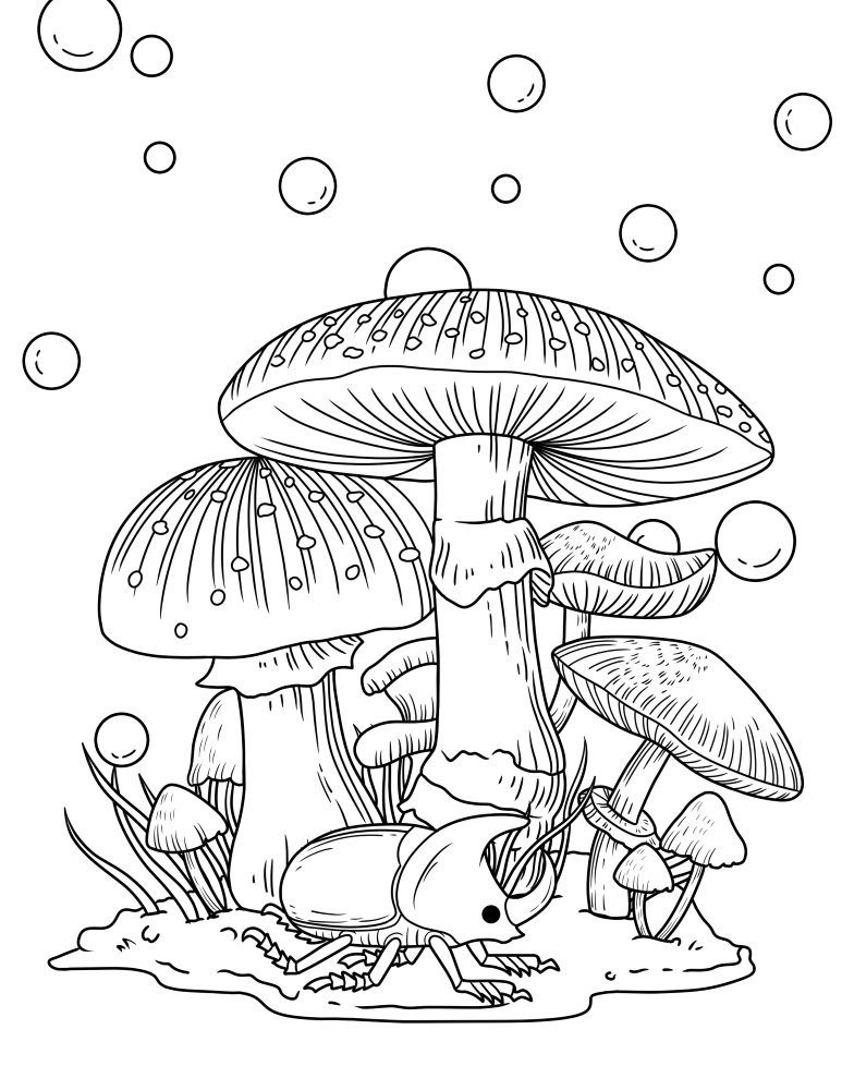 tranquil forest illustration with mushrooms