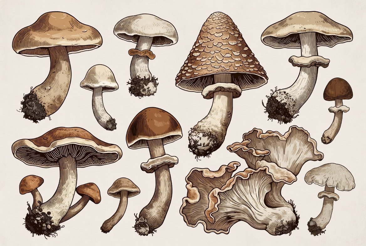 botanical style mushroom illustration line art