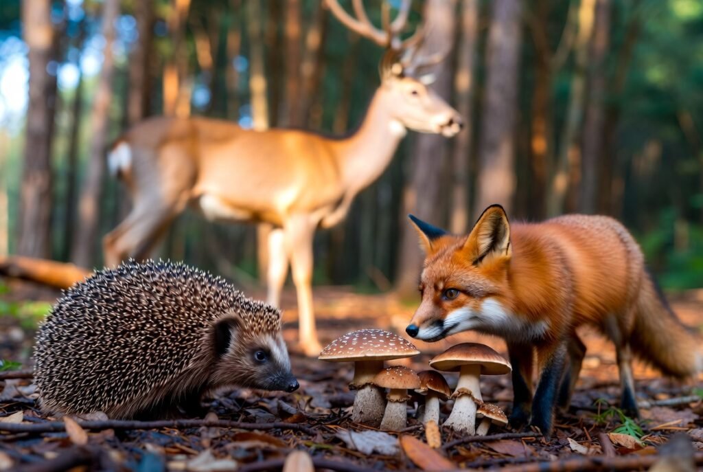 hedgehog, fox, and deer near forest mushrooms