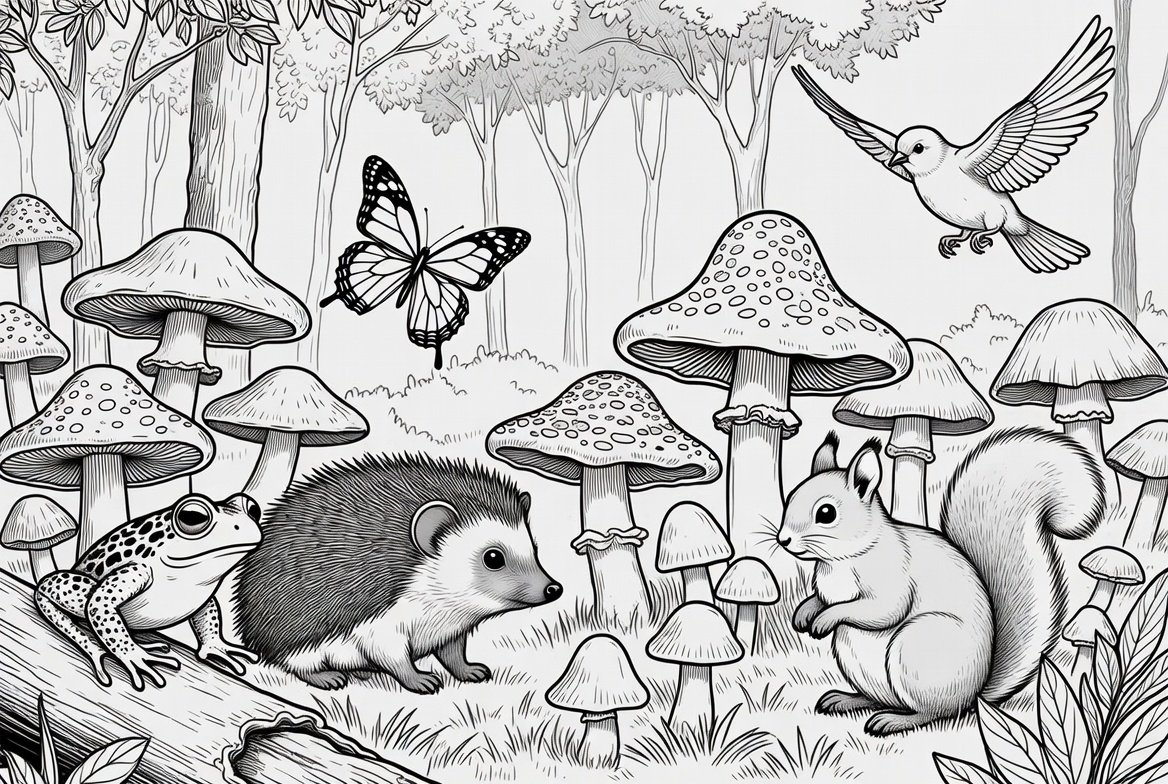 peaceful forest animals with mushrooms illustration