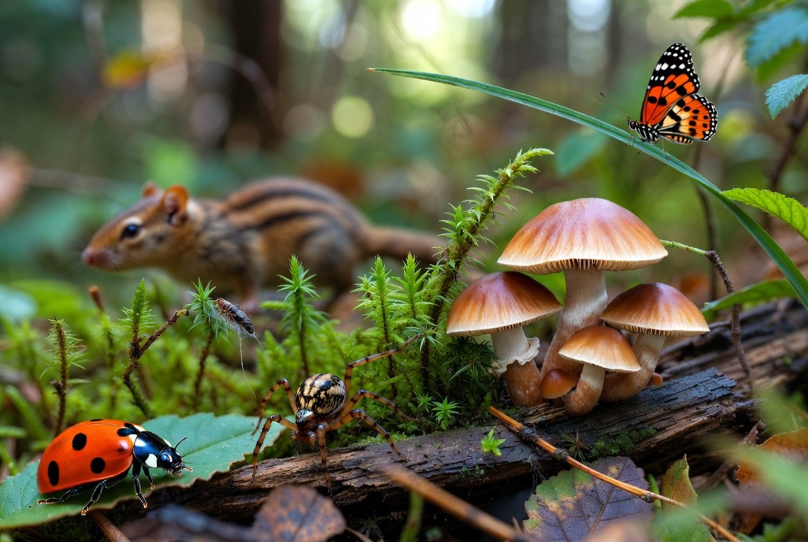 small forest creatures sheltering near mushrooms