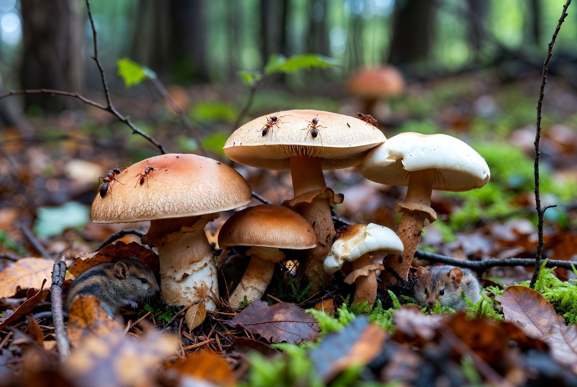 mushrooms supporting forest animals and insects