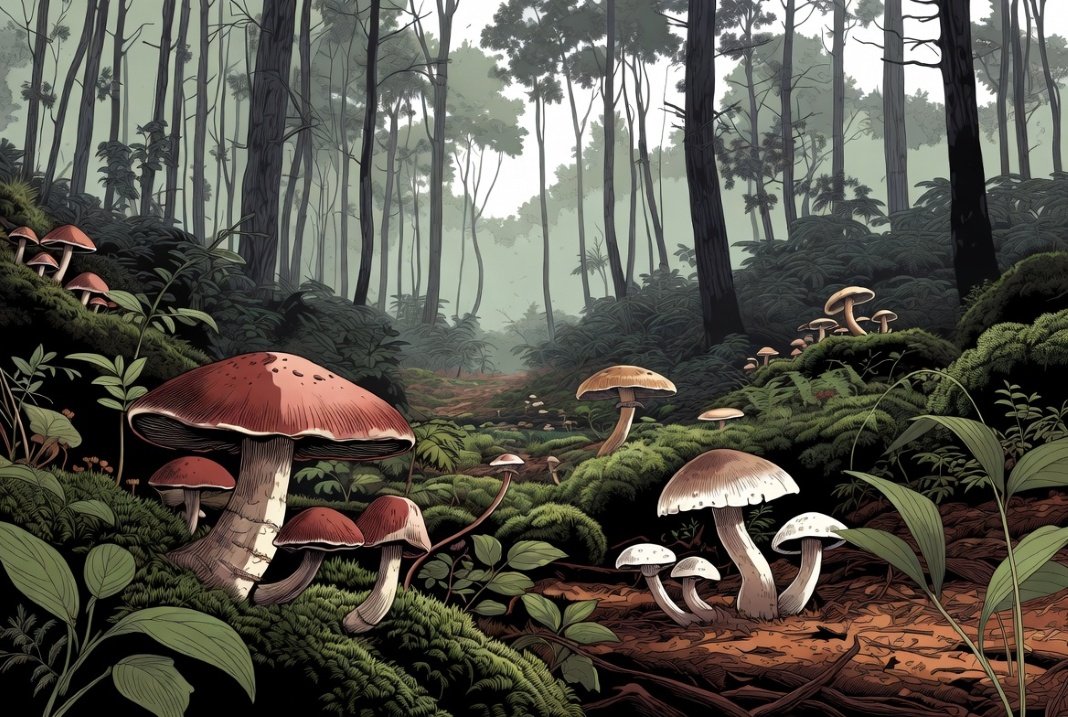 tranquil forest illustration with mushrooms