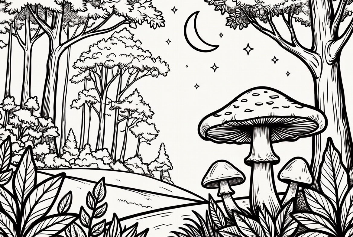 relaxing evening coloring scene with mushrooms