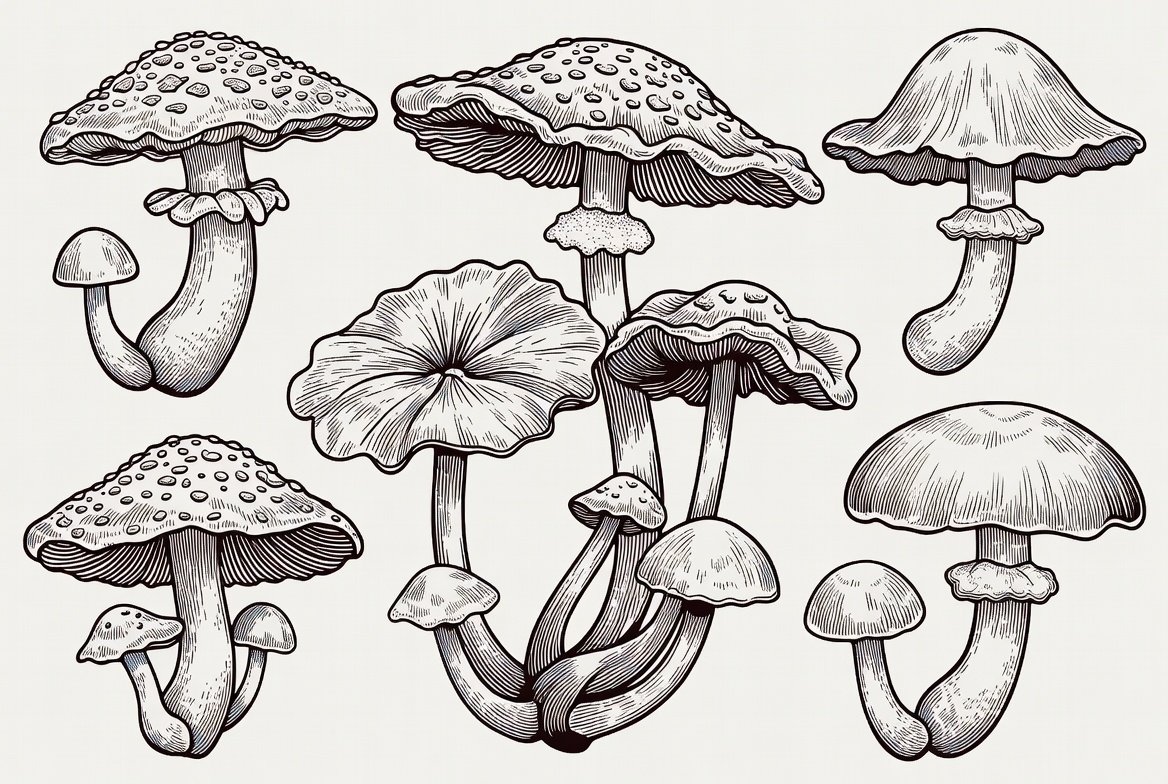detailed mushroom coloring illustration for relaxation