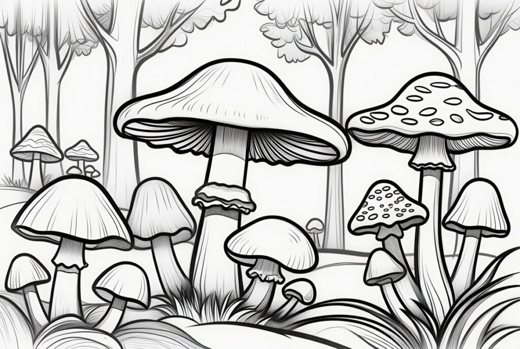peaceful nature coloring activity with mushrooms